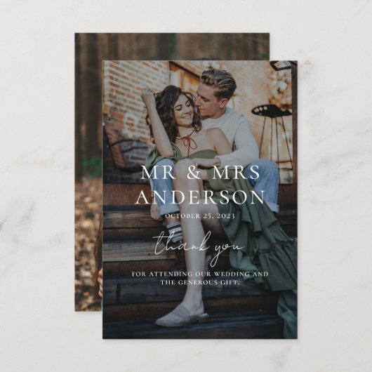 モダンオーバーレイ白文字結婚のロマンチックな写真 サンキューカード (正面/裏面)