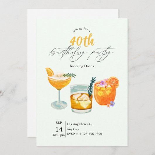 モダンカクテル40th誕生日パーティの招待状 シーズンカード (正面/裏面)