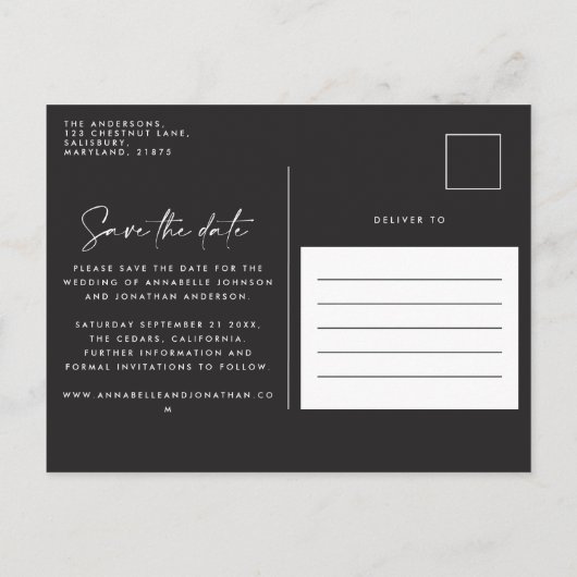 モダンカジュアルスクリプト黒タイポグラフィ結婚の 案内ポストカード (裏面)