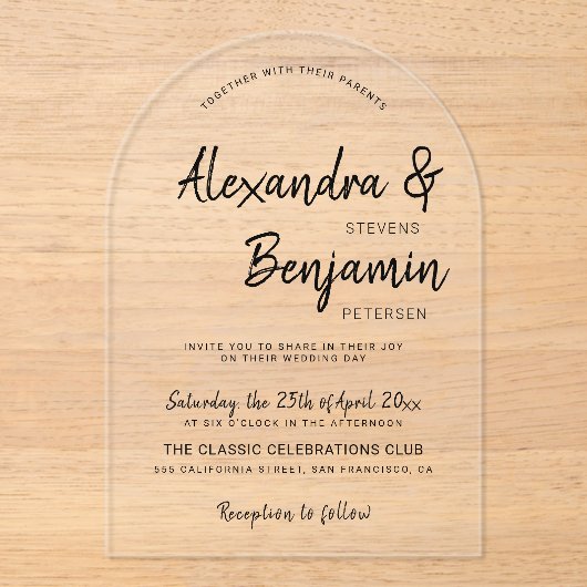 モダンカジュアルミニマル黒結婚台本 アクリル招待状 (正面)