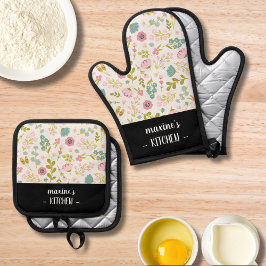 モダンカスタマイズカラフルフローラ 鍋つかみ&鍋敷きセット