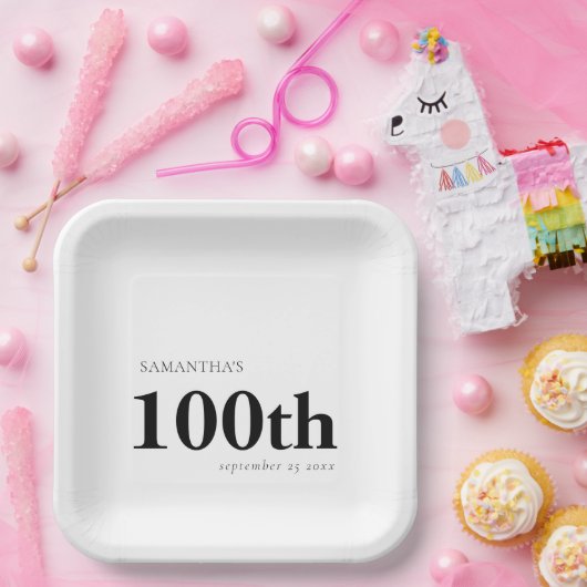 モダンカスタムはっきりした黒文字100th氏名日付 ペーパープレート (パーティー)