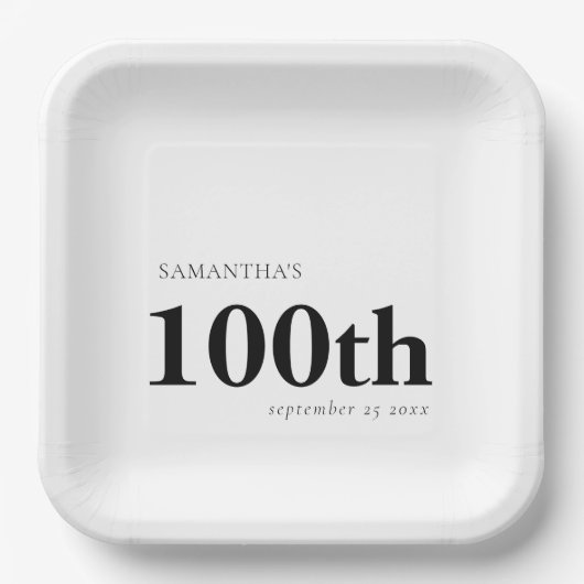 モダンカスタムはっきりした黒文字100th氏名日付 ペーパープレート (正面)