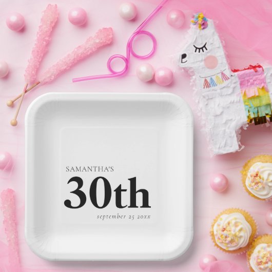 モダンカスタムはっきりした黒文字30th Name Date ペーパープレート (パーティー)