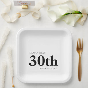 モダンカスタムはっきりした黒文字30th Name Date ペーパープレート