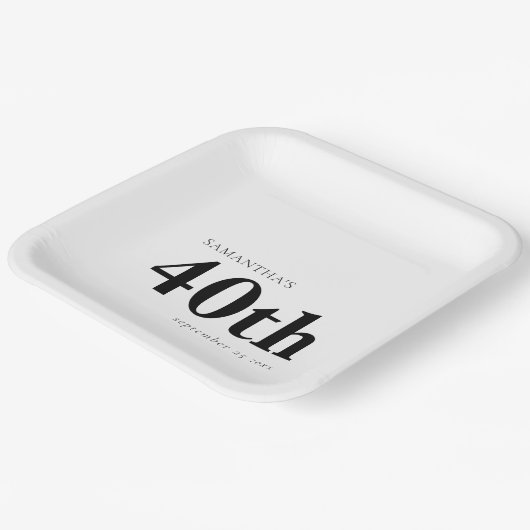 モダンカスタムはっきりした黒文字40th氏名日付 ペーパープレート (傾斜あり)