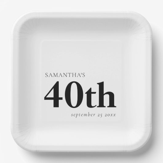 モダンカスタムはっきりした黒文字40th氏名日付 ペーパープレート (正面)