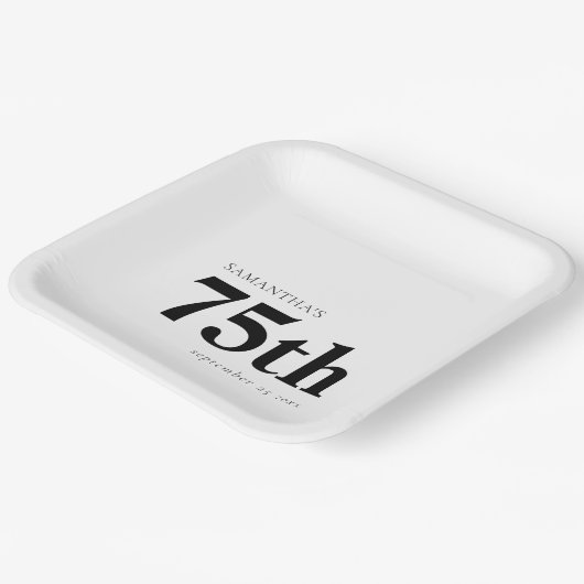 モダンカスタムはっきりした黒文字75th氏名日付 ペーパープレート (傾斜あり)