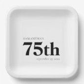モダンカスタムはっきりした黒文字75th氏名日付 ペーパープレート (正面)
