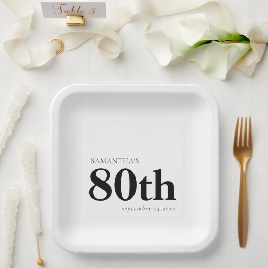 モダンカスタムはっきりした黒文字80th Name Date ペーパープレート (ウェディング)