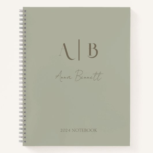 モダンカスタムイニシャル名ダスティージュセージ ノートブック (正面)