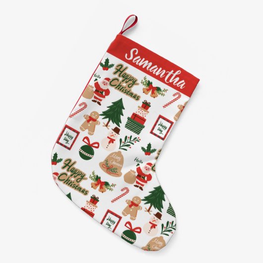 モダンカスタムクリスマス・サンタとツリー・パターン スモールクリスマスストッキング (正面 (吊り時))