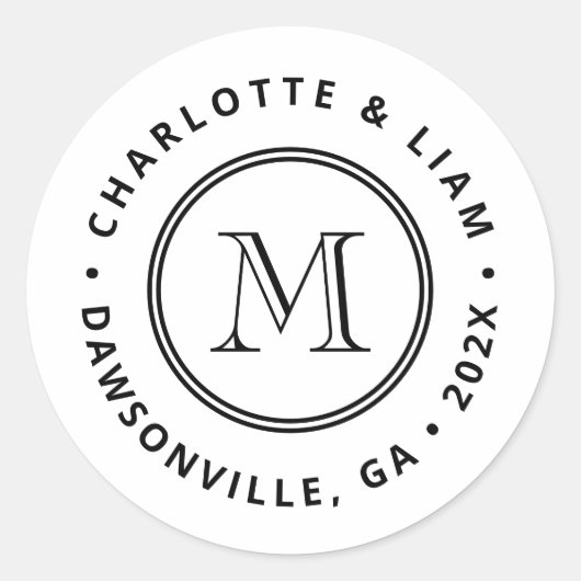 モダンカスタムネームデートモノグラムウェディング ラウンドシール (正面)