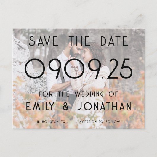 モダンカスタムフォトオーバーレイ結婚式の日付を保存 案内ポストカード (正面)