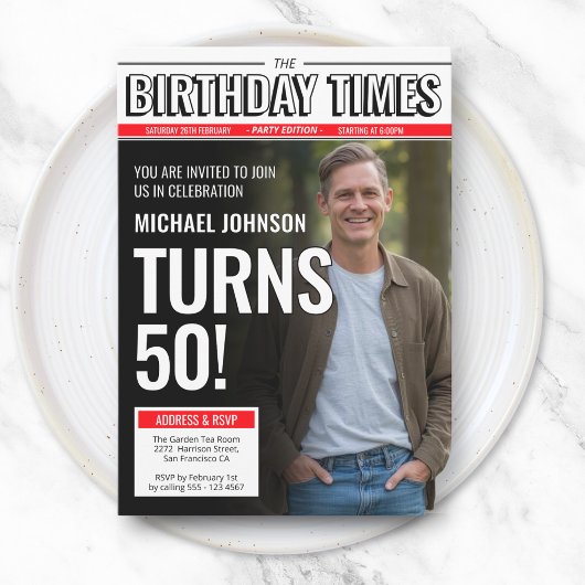モダンカスタムフォト 50歳誕生日新聞表紙 招待状