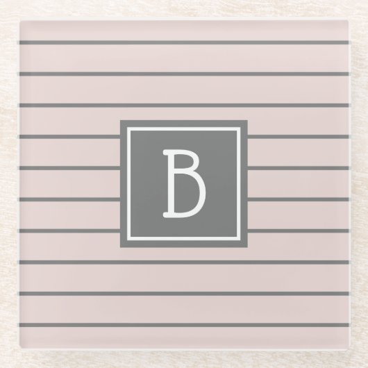 モダンカスタムモノグラムのピンク&グレーストライプズ ガラスコースター (正面)