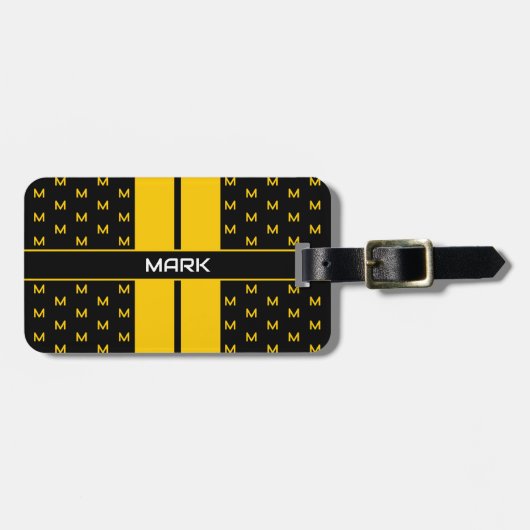 モダンカスタムモノグラム名ストライプの黄 ラゲッジタグ (正面横)
