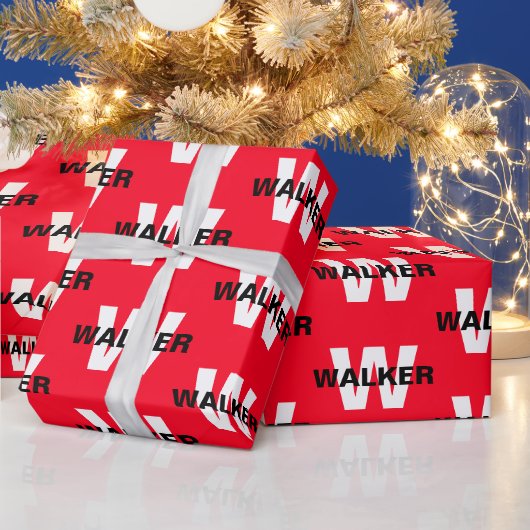 モダンカスタムモノグラム名明るい赤のギフト ラッピングペーパー (クリスマス)
