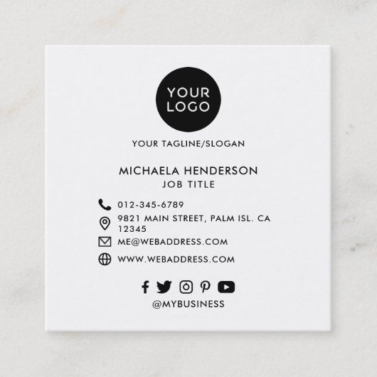 モダンカスタムロゴ、4枚の写真とソーシャルメディア スクエア名刺 (正面)