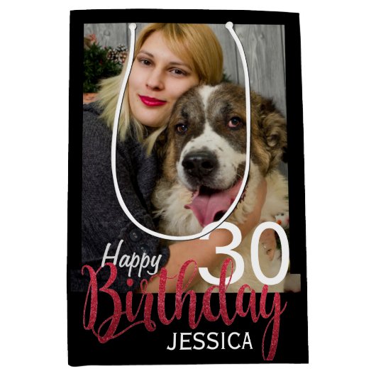 モダンカスタム写真と年齢誕生日 ミディアムペーパーバッグ (正面)