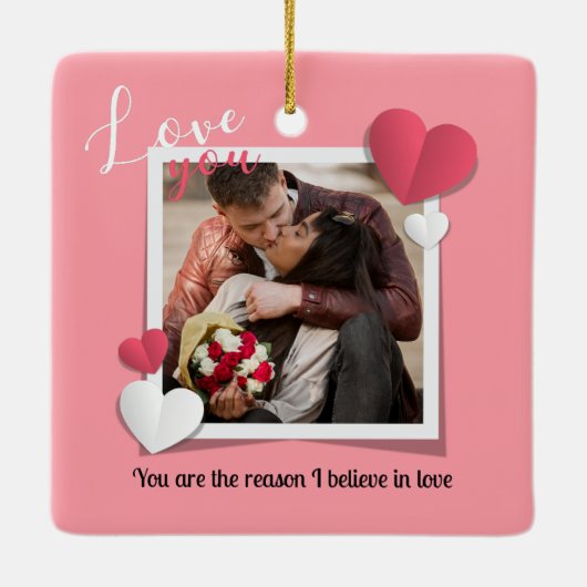 モダンカスタム写真と愛のメッセージ セラミックオーナメント (裏面)