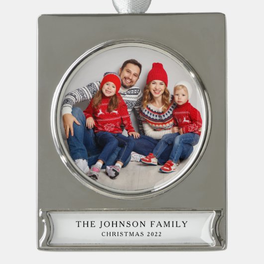 モダンカスタム家族の写真クリスマス シルバープレートバナーオーナメント (正面)