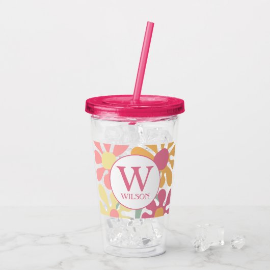 モダンカスタム家族の水彩花ピンク文字 アクリルタンブラー (アイス裏面)