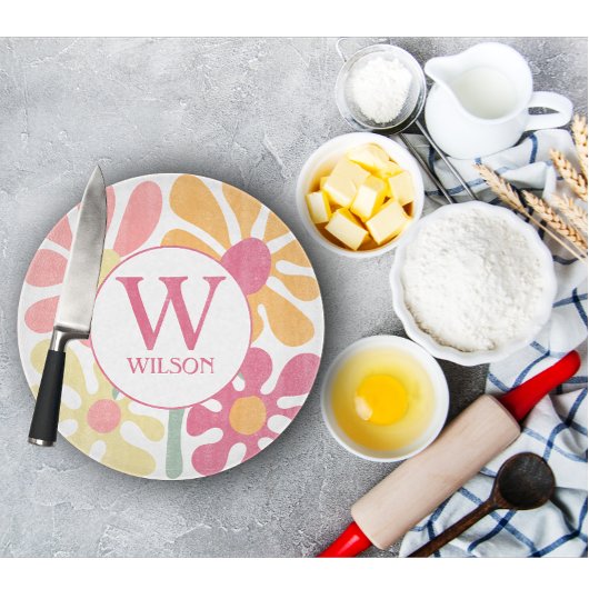 モダンカスタム家族の水彩花ピンク文字 カッティングボード