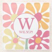 モダンカスタム家族の水彩花ピンク文字 ガラスコースター (正面)