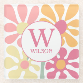 モダンカスタム家族の水彩花ピンク文字 ガラスコースター