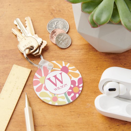 モダンカスタム家族の水彩花ピンク文字 キーホルダー (デスク)