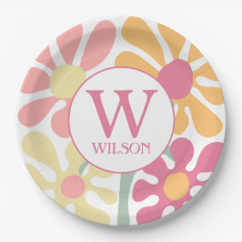 モダンカスタム家族の水彩花ピンク文字 ペーパープレート