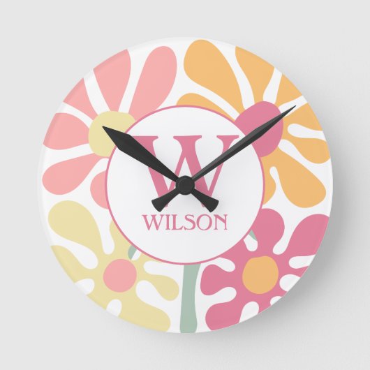 モダンカスタム家族の水彩花ピンク文字 ラウンド壁時計 (正面)