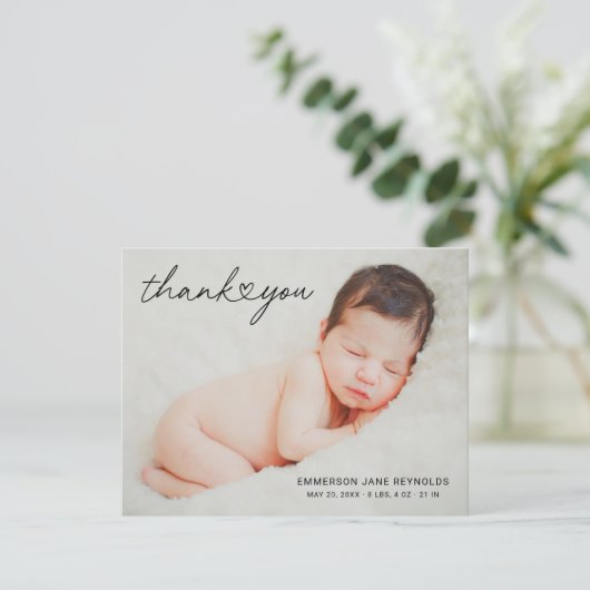 モダンカスタム生まれたばかりのベビー写真ハートスクリプト サンキューカード (スタンド正面)