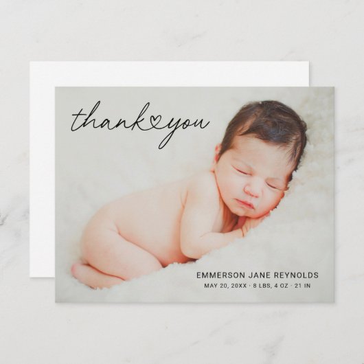 モダンカスタム生まれたばかりのベビー写真ハートスクリプト サンキューカード (正面/裏面)
