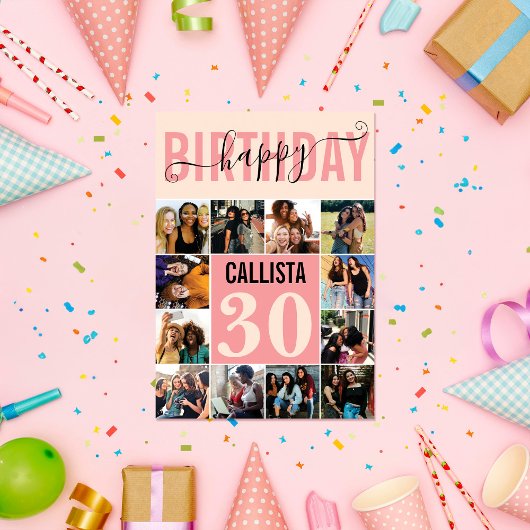 モダンカスタム赤面ピンク12フォト誕生日 カード