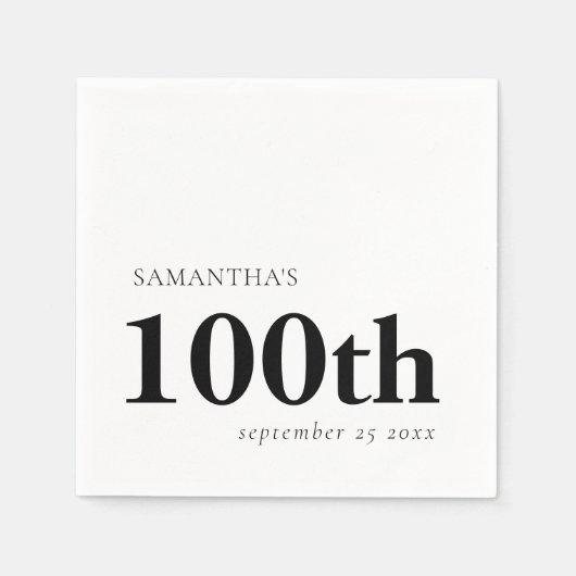 モダンカスタム黒文字100th氏名日付 スタンダードカクテルナプキン (正面)
