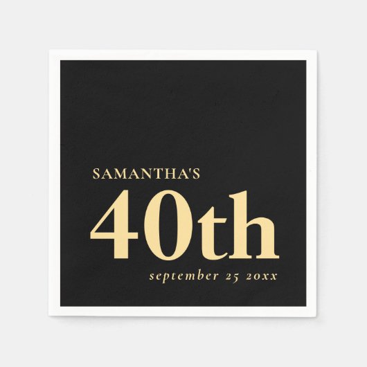 モダンカスタム黒金ゴールド40th氏名日付 スタンダードカクテルナプキン (正面)