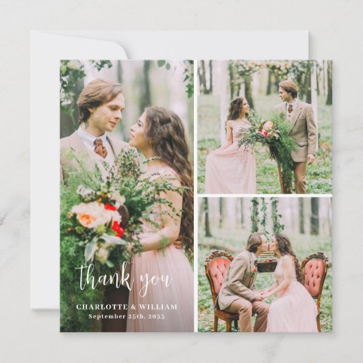 モダンカスタム3フォトシンプルミニマ結婚リスト サンキューカード (正面)