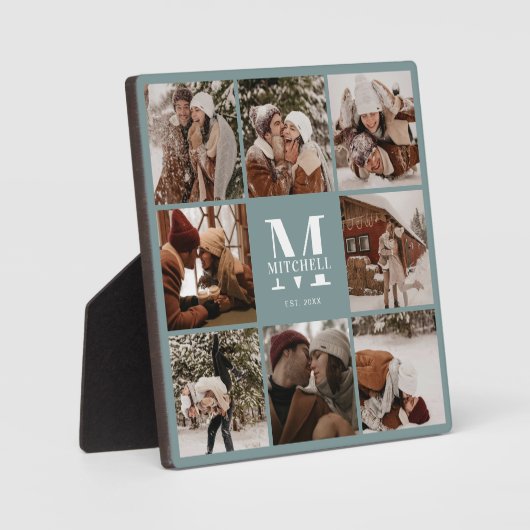モダンカスタムFamily Photo Collage | モノグラムセージ フォトプラーク (正面)