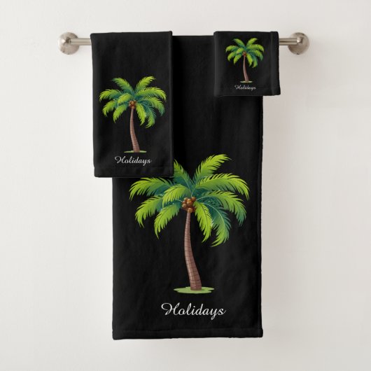 モダンカスタムGreen Palm Tree & Script on Black バスタオルセット (インサイチュ)