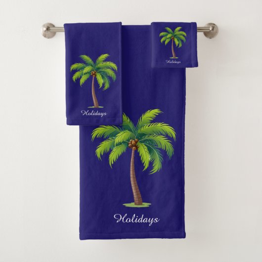 モダンカスタムGreen Palm Tree & Script on Blue バスタオルセット (インサイチュ)