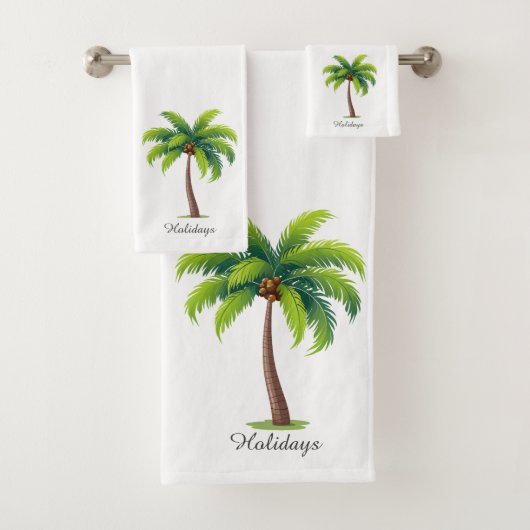 モダンカスタムGreen Palm Tree & Script on White バスタオルセット (インサイチュ)