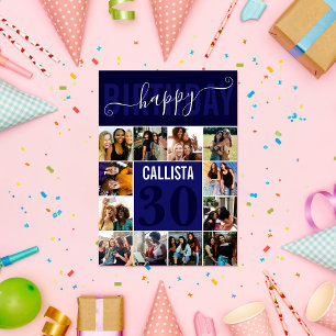 モダンカスタムNavy Blue 12フォト誕生日 カード