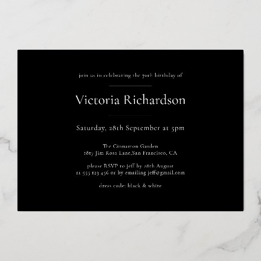 モダンカスタムPhoto Chic Black金ゴールド70誕生日 箔招待状 (裏面)