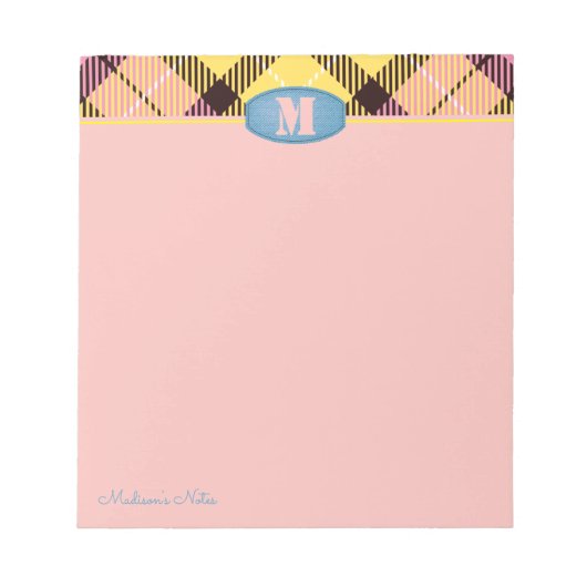 モダンカスタムScript Monogramタータンチェックジーンズピンク ノートパッド (正面)