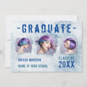 モダンカッコいい4枚フォトダブルサイドブルー卒業 案内状 (正面)