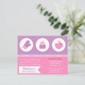 モダンカップケーキパープルピンクベーキング誕生日パーティー 招待状 (スタンド正面)