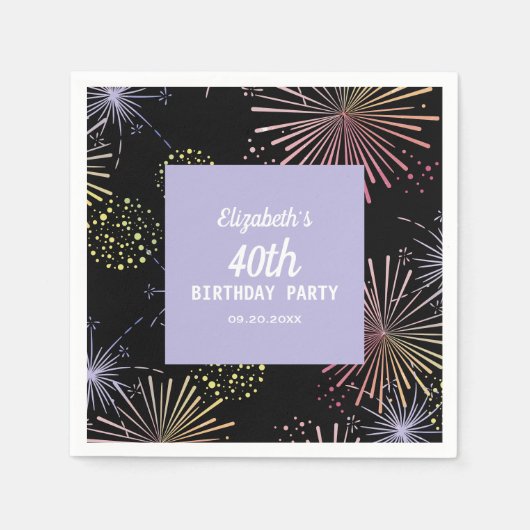 モダンカラフルおもしろい花火ブラック誕生日 スタンダードカクテルナプキン (正面)