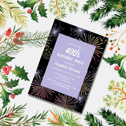 モダンカラフルおもしろい花火ブラック誕生日 招待状